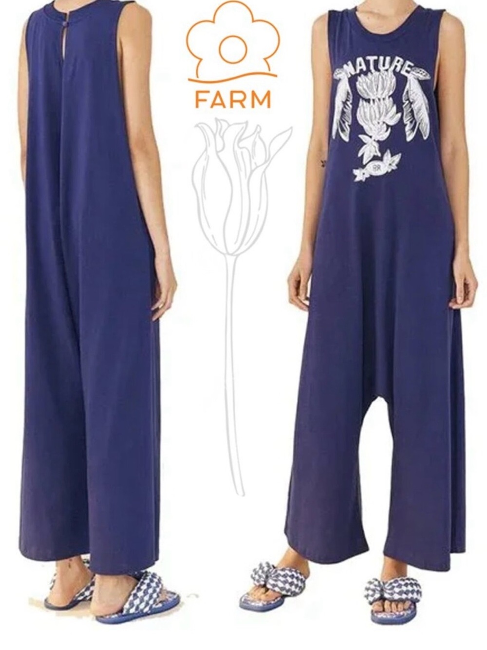 FARM Rio Navy Sleeveless Graphic Wide-Leg Jumpsuit NWT